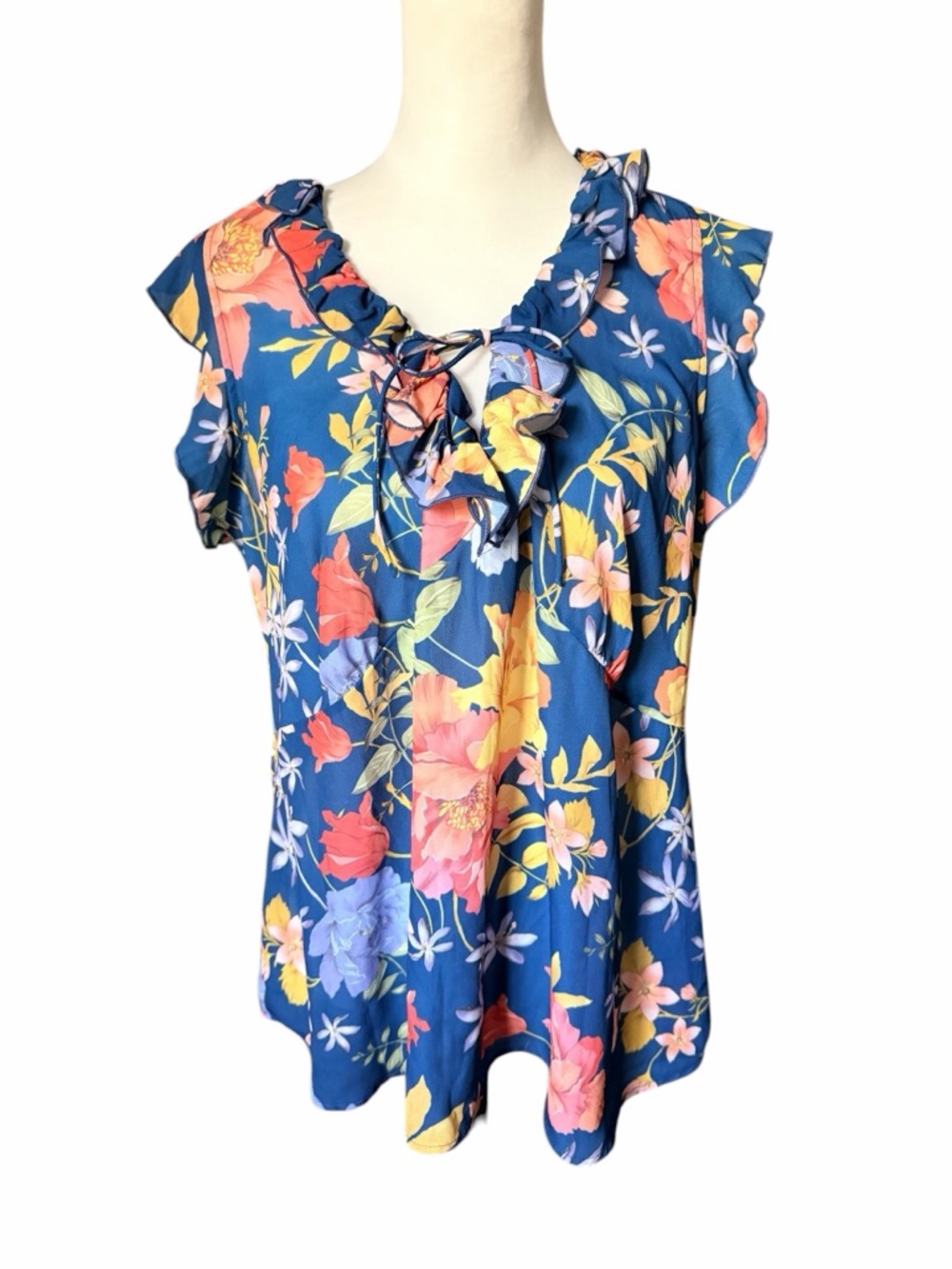 Sweet Pea for New York and Company Floral Ruffle Tie-Neck Blouse - Blue XL